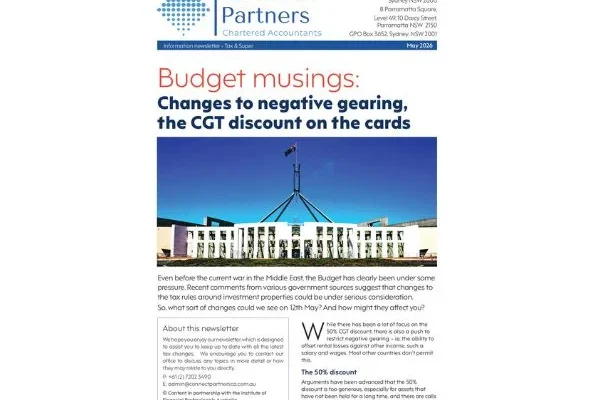 Newsletter cover for Connect Partners: 'Budget musings' with Parliament House image under a blue sky