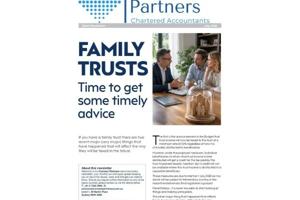 Front cover of the Connect Partners Chartered Accountants July 2026 newsletter featuring an article titled 